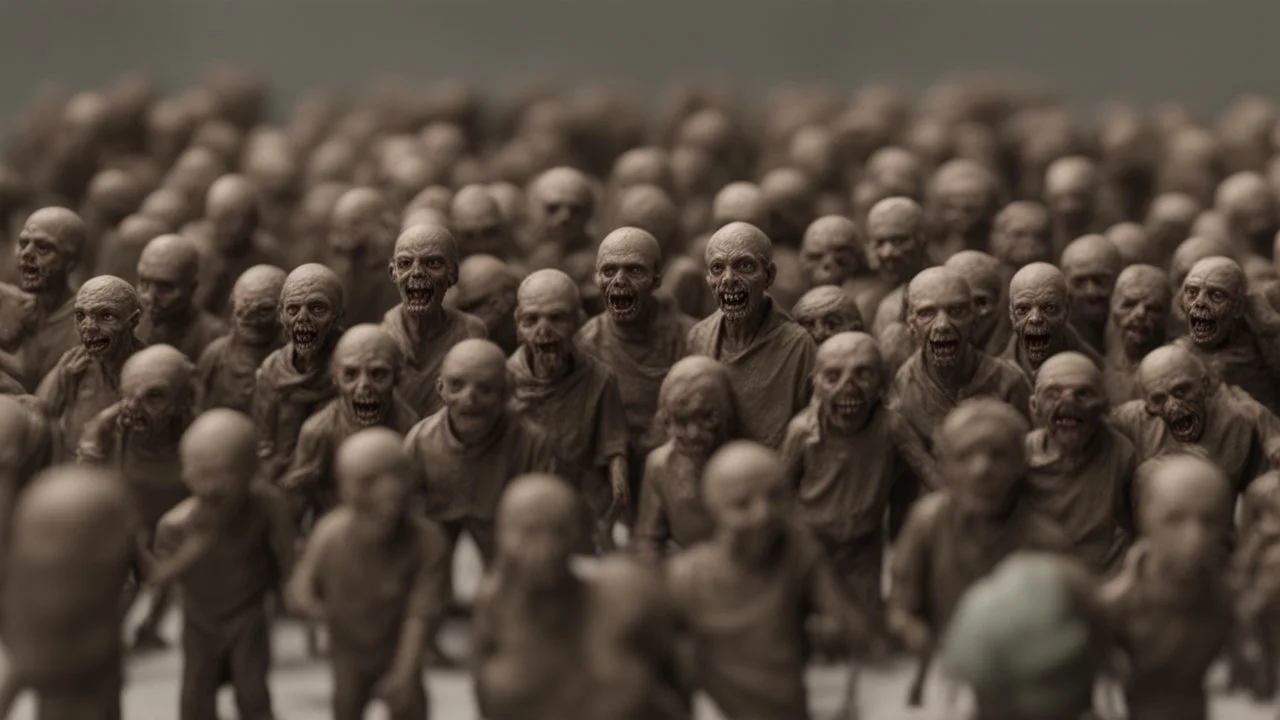 a photorealisitc tiny zombie horde all 1/10th the size of average human