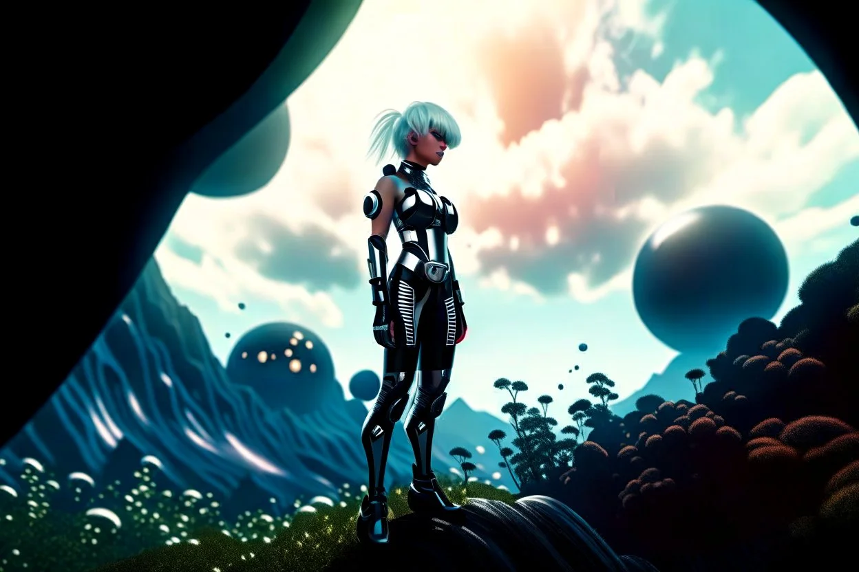 Wide-angle photo of a slim sci-fi woman with blond hair, wearing a silver and black futuristic android-like spacesuit, standing on an alien cloud tree jungle planet