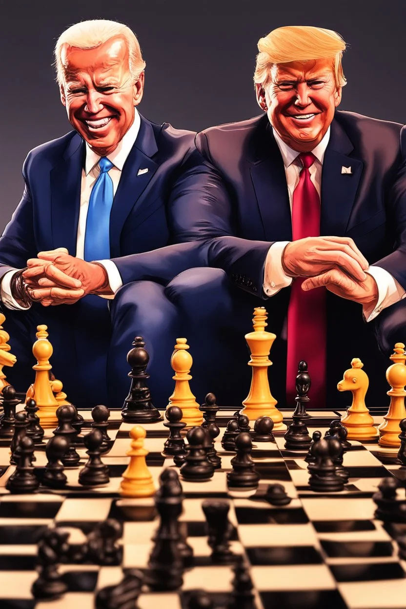 A hyper-realistic , Joe Biden and Trump in a game of chess,Trump smiling ,Biden angry, 64K, hyperrealistic, vivid colors, (glow effects:1.2) , 4K ultra detail, , real photo