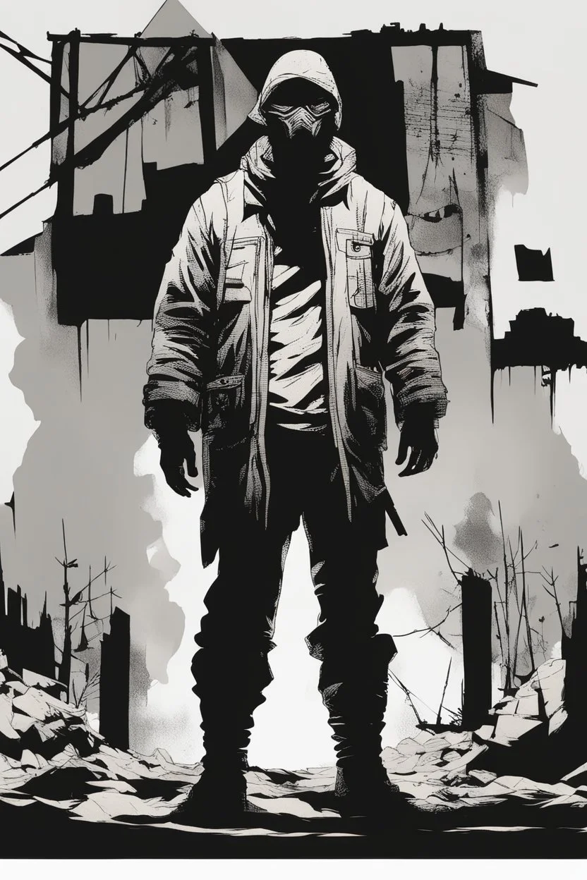 man, standing, silhouette, comic book,post-apocalypse, white background,