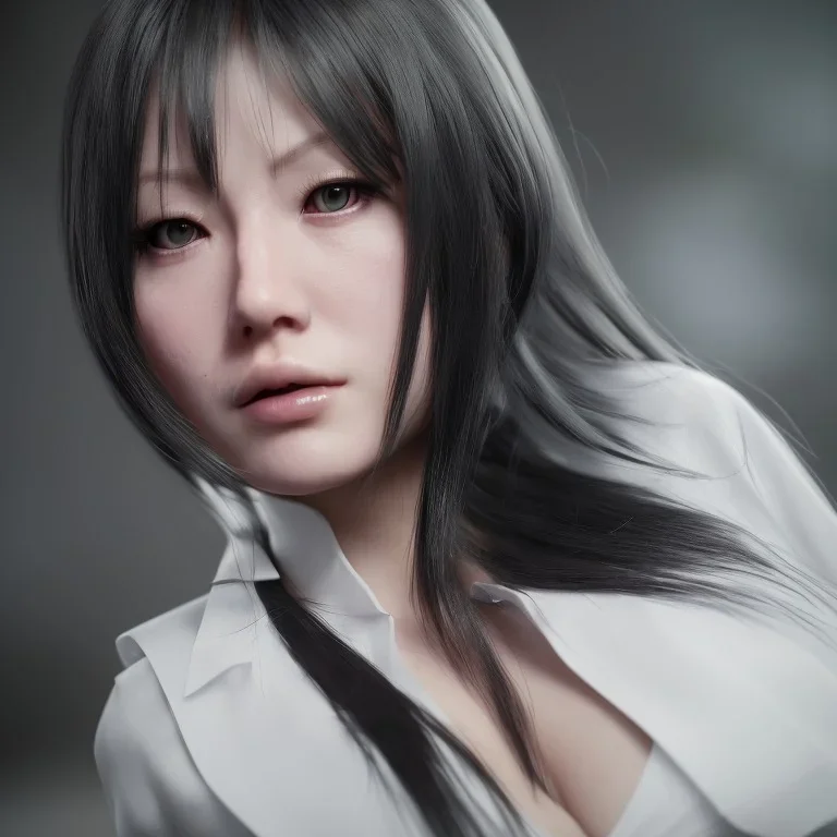 hitomi tanaka, dress white, long black hair, realistic, intriacte detail, sci-fi fantasy style, volumetric lighting, particales,highly detailed,cinamatic, deep colours,8k