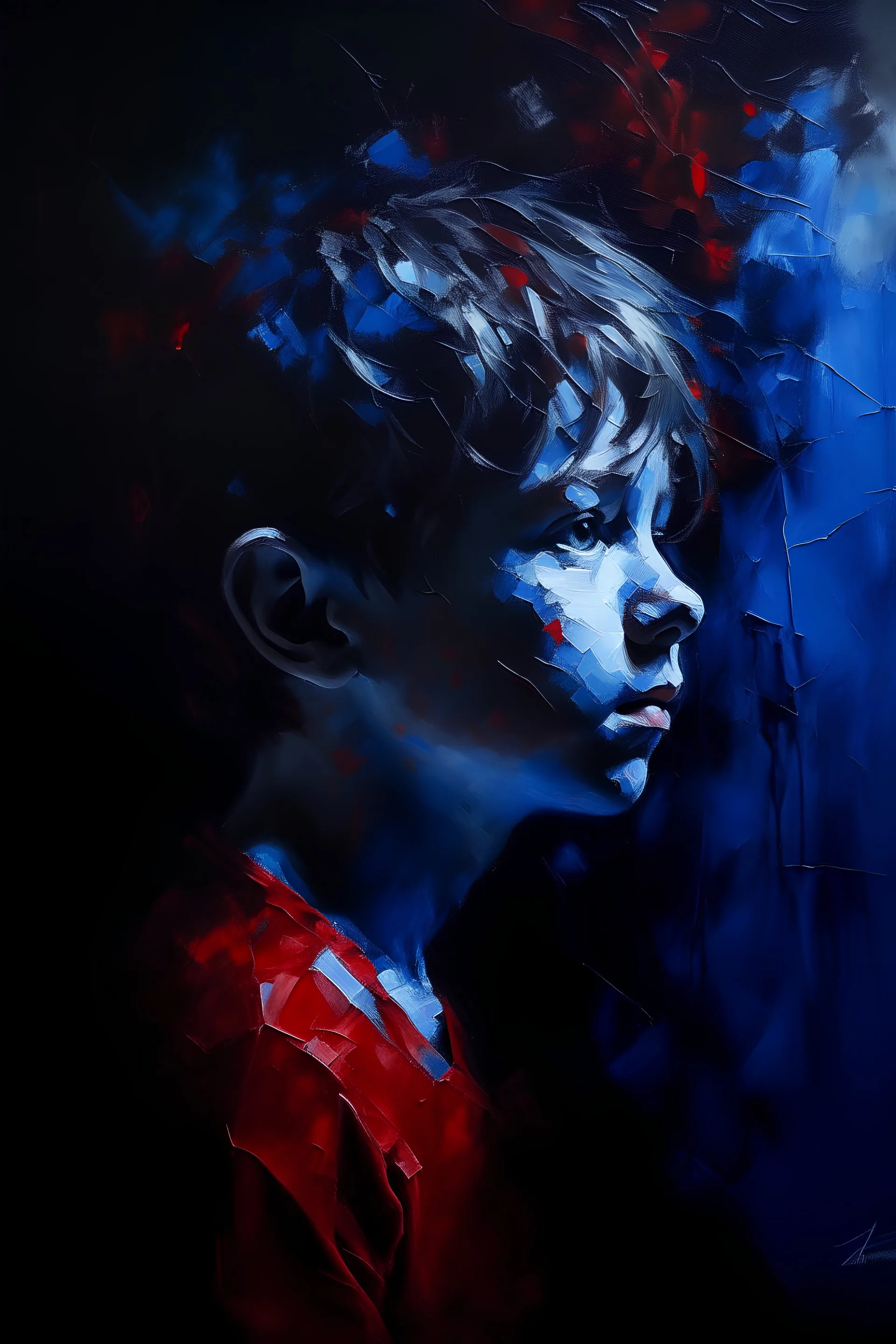painting a red and blue abstract boy painted in oil on a textured canvas, set against a stark black background, striking contrast, fluidity and grace of the traditional figure --ar 3:4 --style raw