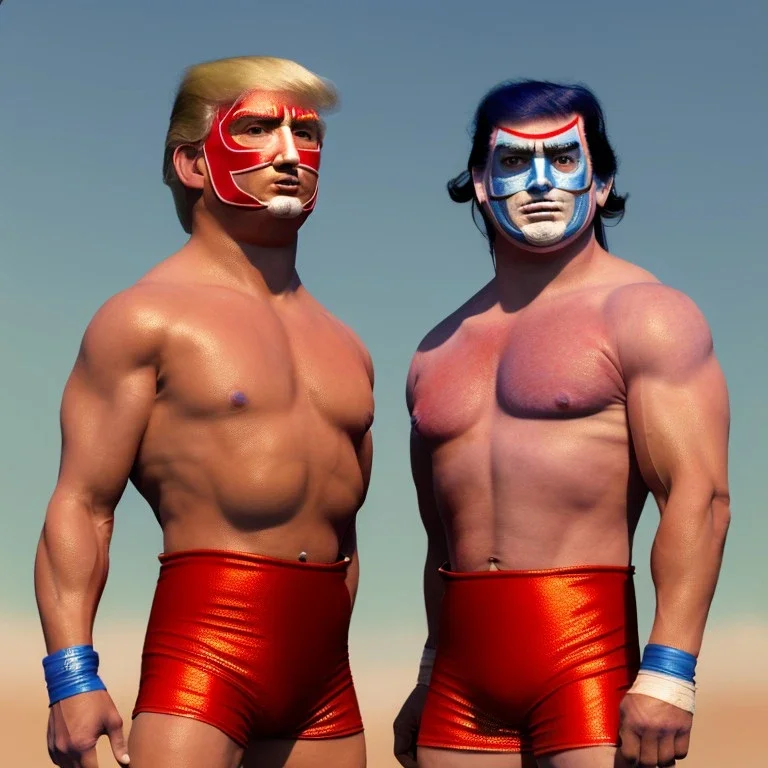 Realistic image of Donald trump wrestler, Mexican wrestling style, Mexican eyes wrestling mask, red and blue breeches, glow us flag dress, suspenders, retro style, 80s, vibrant color, highly detailed, sky background, concept art, unreal engine 5, god rays, ray tracing, RTX, lumen lighting, ultra detail, volumetric lighting, 3d, finely drawn, high definition, high resolution.