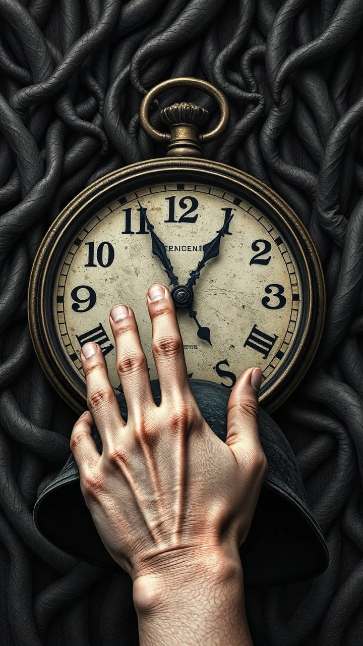 An old clock in the background of black vein, human veins, mixing together a lot of them, like a forest, big and small veins a lot of them, a hand on an old army helmet