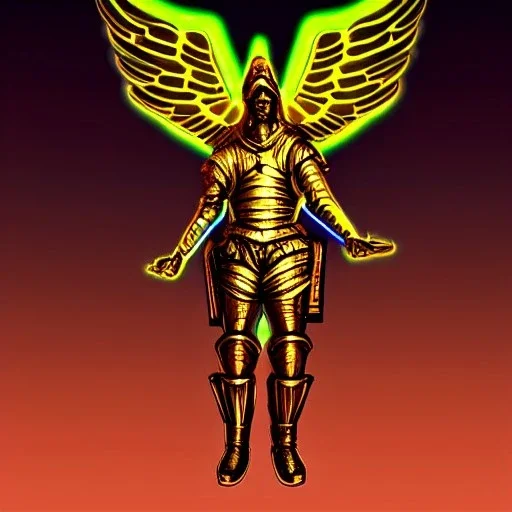 Archangel gabriel, in armor, neon lights at night, high contrast, 3d