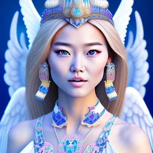 portrait of a beautiful mongolian woman with an angel face smiling,long blond hair, blue eyes, pink and blue dress, jewels, soft light aura