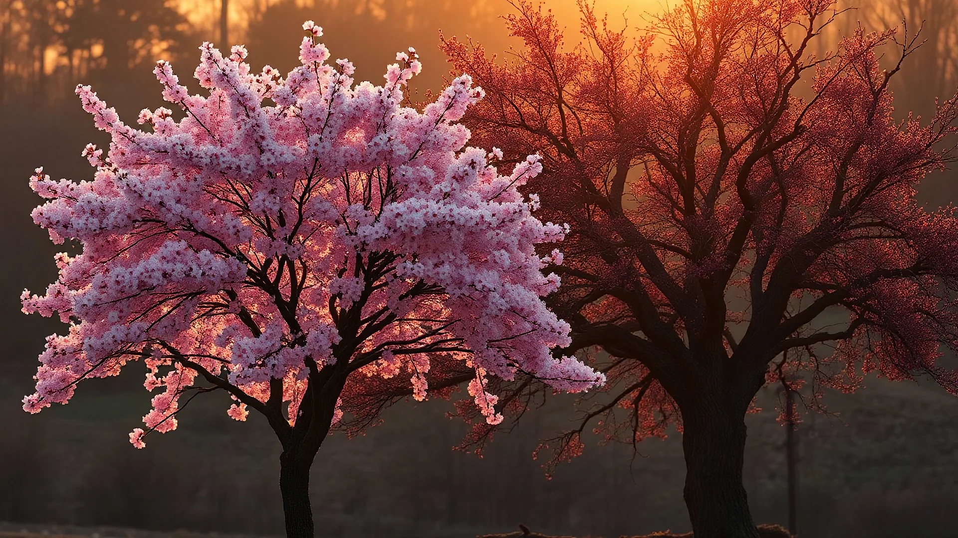 a sakura tree in golden hour lighting sitting next to a dark tree bearing cursed apples