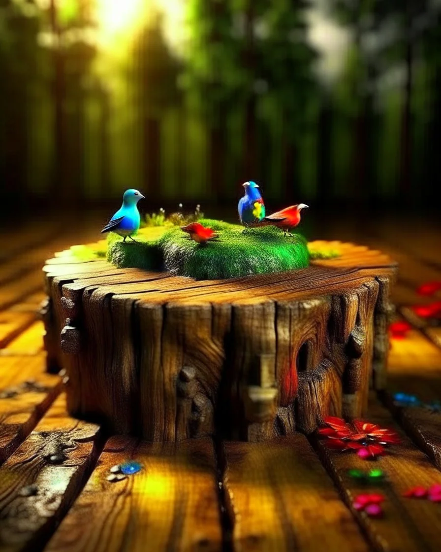 🛠️ Tool: ChatGPT 👉 Prompt used: "Ultra-realistic surreal macro scene of a broken tree stump placed on a wooden surface, its hollow interior transformed into a vivid miniature landscape featuring a winding dirt path leading through lush green grass, small flowering plants, and delicate trees under a soft glowing sky; two colorful birds—one blue and yellow, one red and brown—perch on either side of the path, adding life and contrast; above the scene, a large sharpened wooden pencil hovers diagon