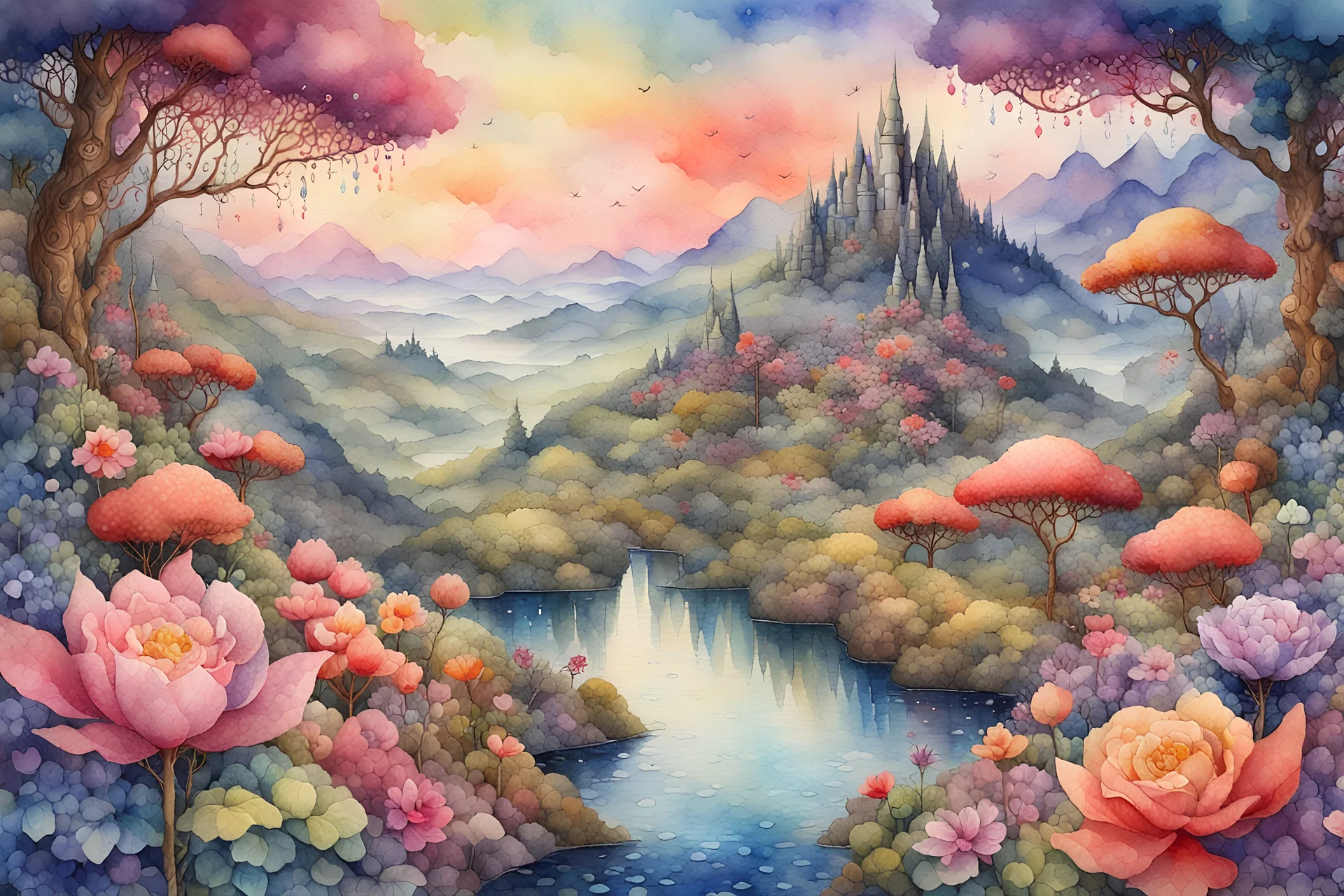 Watercolor patchwork landscape, watercolor, wet on wet, petals rain, style of Daniel Merriam, Josephine Wall, Catherine Able Modifiers: 4K 3D 高细节 清脆的品质 丰富多彩 美丽 电影照明 拉尔夫·麦夸里