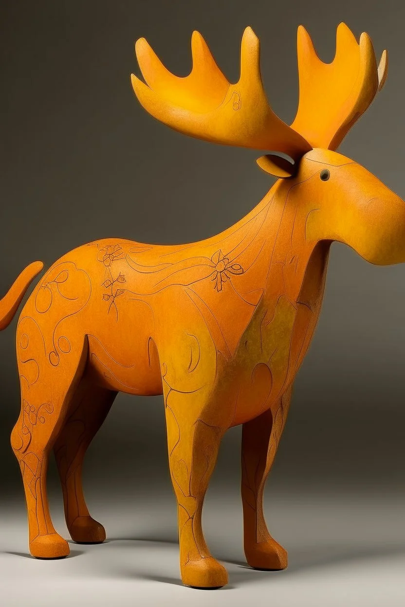 An orange colored earth elemental moose designed in native American petroglyphs painted by Lyonel Charles Feininger