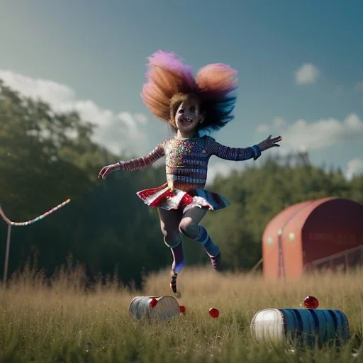 Ultra realistic circus scene. Sweet hair monster jumping. Child’s, night, smooth color, waist up view, Wes Anderson style, dark ambient, highly detailed, concept art, unreal engine 5, god rays, ray tracing, RTX, lumen lighting, ultra detail, volumetric lighting, 3d, finely drawn, high definition, high resolution.