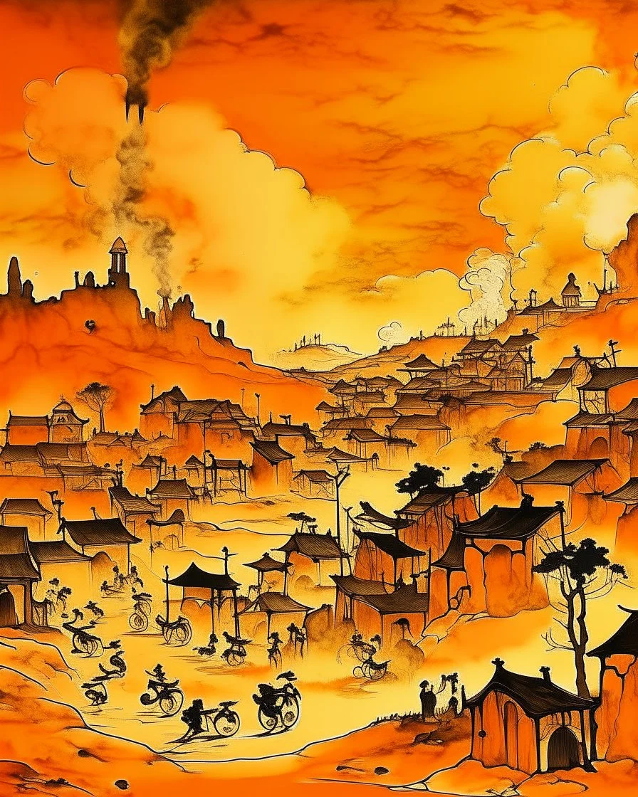 An orange colored western town engulfed in smoke designed in Lascaux cave paintings painted by Lucas van Leyden