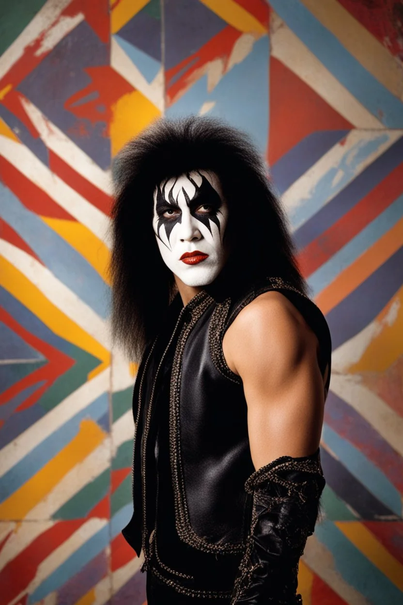 text 'KISS' - head and shoulders portrait, KISS 20-year-old Gene Simmons - a multicolored cement wall in the background,