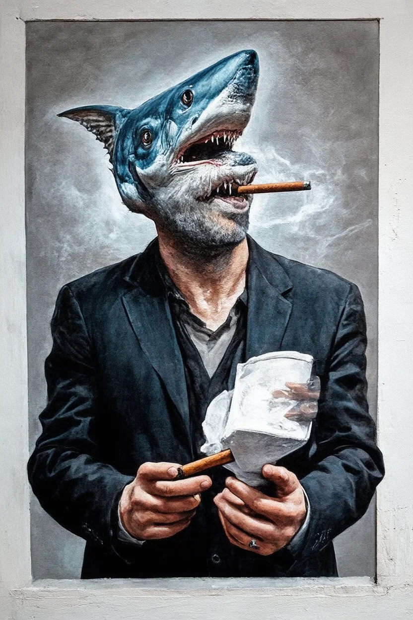 man with catfish shark head smoking a cigarrette in the style of banksy