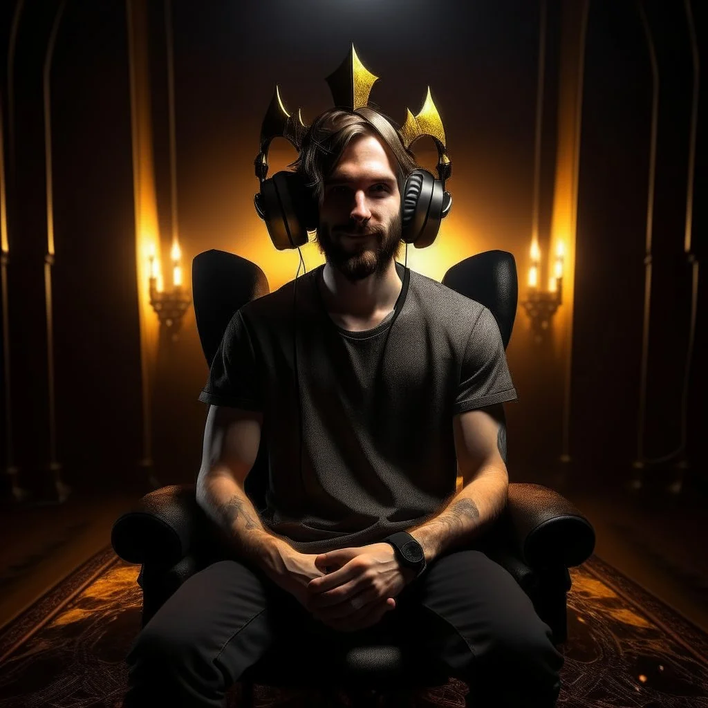 a guy king wearing headphones sitting on a throne in hell