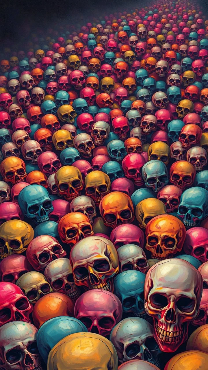 a field of 1000s of cartoonish, anatomically correct, skulls, varying sizes and colors, vivid RANDOM BRIGHT dayglo neon colors, dark comedy, well lit, high detail, photorealistic, horrorcore, fun, scary, dead, not centered on any one skull, macro not microncc 1701 enterprise Macabre Rapture End of days Revelation scene, loose brush stroke matte oil painting, sinner apotheosis, By John Lovett and Zdzislaw Beksinski and Phlegm, diagonal composition, unbalanced, abstract surreal horror, eerie, scar