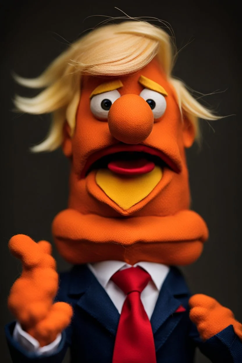 a Film Photograph of a realistic angry orange Donald J. Trump Muppet made of felt and wearing a dark blue suit and red necktie and with blonde hair combover, he is old and angry