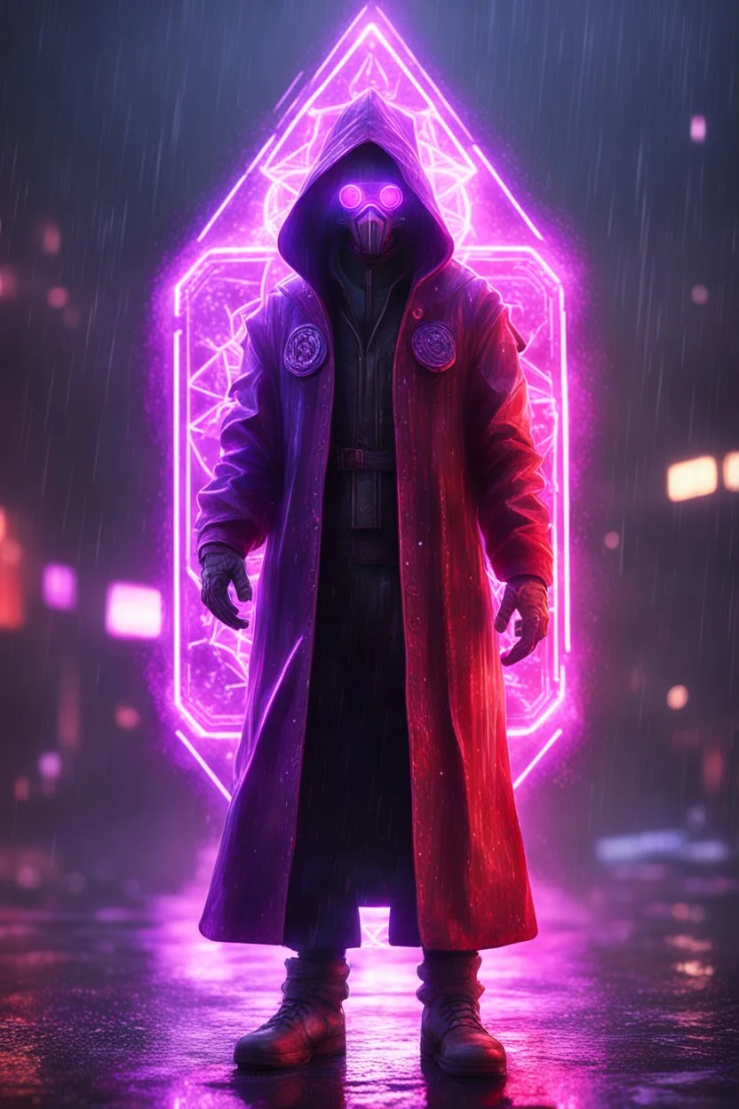 Lense flare,pencil outline,Volumetric fog cultist gamer lord lights,paradise sacred geometry framed playing card, black, red, spore and purple neon cyber punk teurgist in soaked rain coat boss card in the style of escher and fallout 4 ,,bokeh like f/0.8, tilt-shift lens 8k, high detail, smooth render, down-light, unreal engine