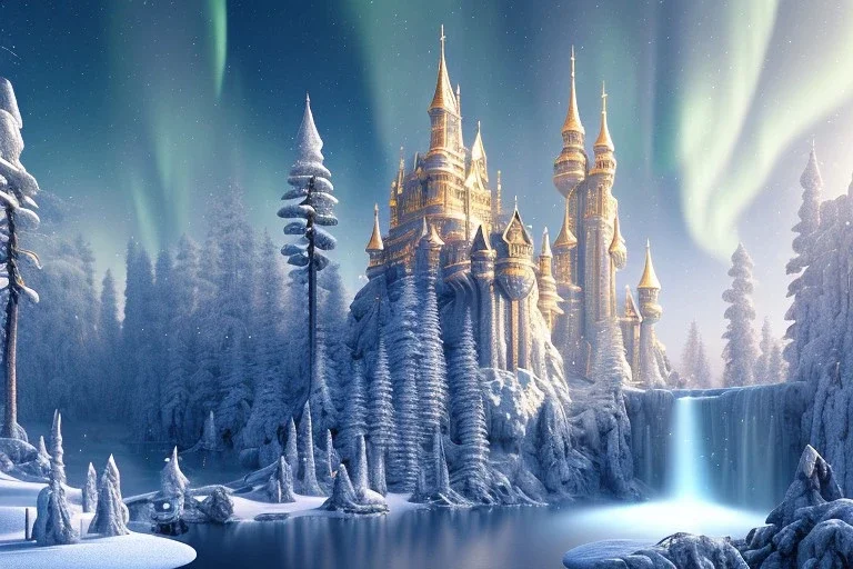  white and gold crystal castle，waterfall, winter snow flakessnow, northern Lights, full of details, smooth, bright sunshine，soft light atmosphere, light effect，vaporwave colorful, concept art, smooth, extremely sharp detail, finely tuned detail, ultra high definition, 8 k, unreal engine 5, ultra sharp focus