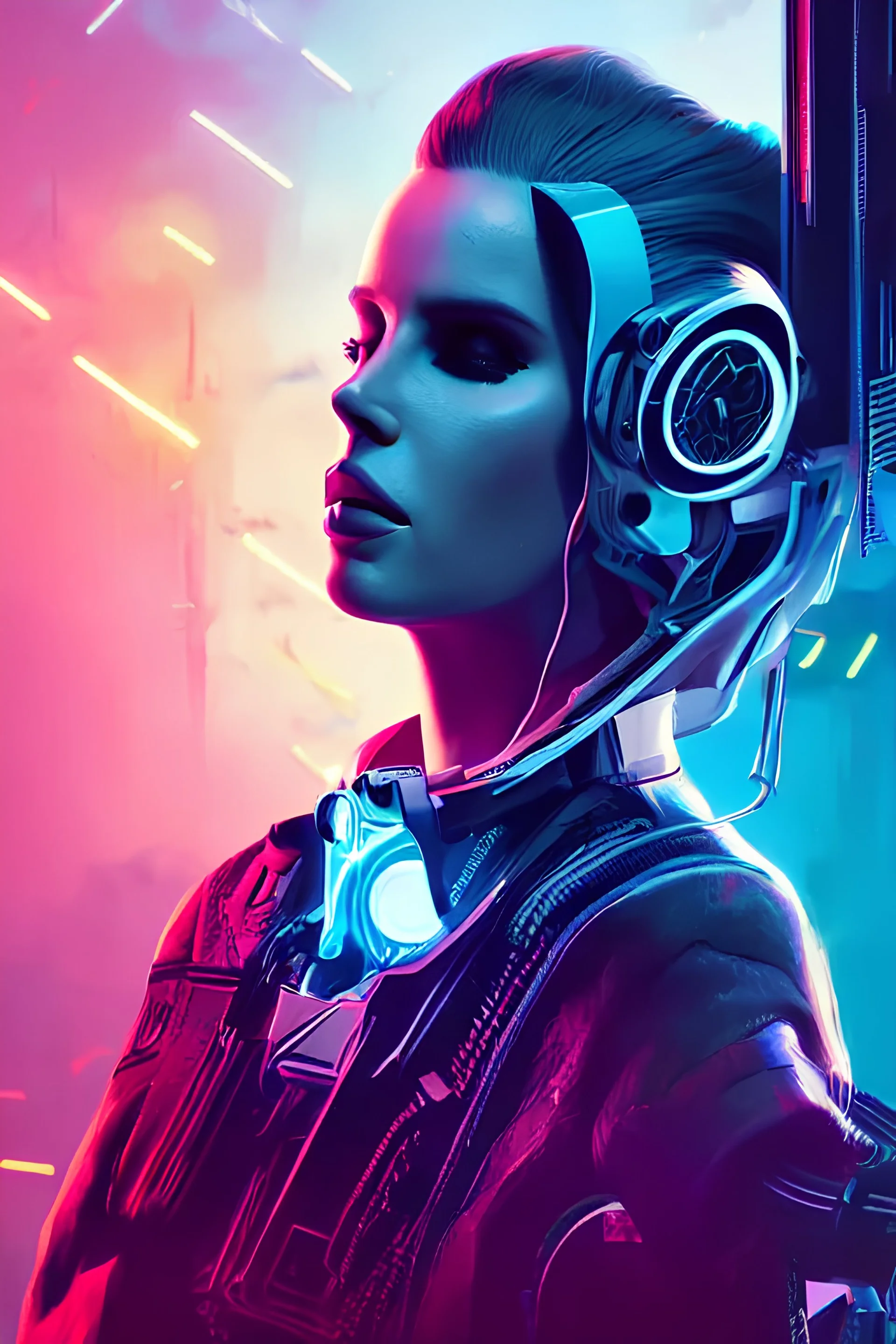 portrait of lana del rey as a cyborg. intricate abstract. intricate artwork cyberpunk by tooth wu, wlop, beeple, dan mumford. octane render, trending on artstation, greg rutkowski ruan jia, cinematic lighting, hyper realism, high detail, octane render, 8 k, key art, blue and pink iridescent accents