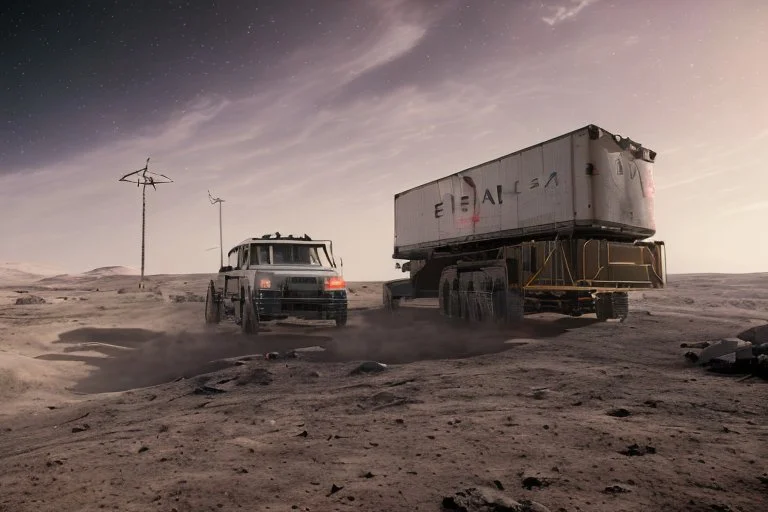 A Tesla 'Semi' (semi truck) is parked, at the lunar landing site of the 'Apollo 11'. (CINEMATIC, WIDE ANGLE LENS, PHOTO REAL)