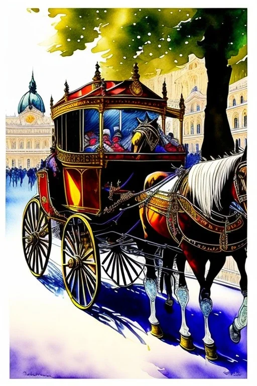 Fiacre, carriage with two horses in Vienna. Aquarell.