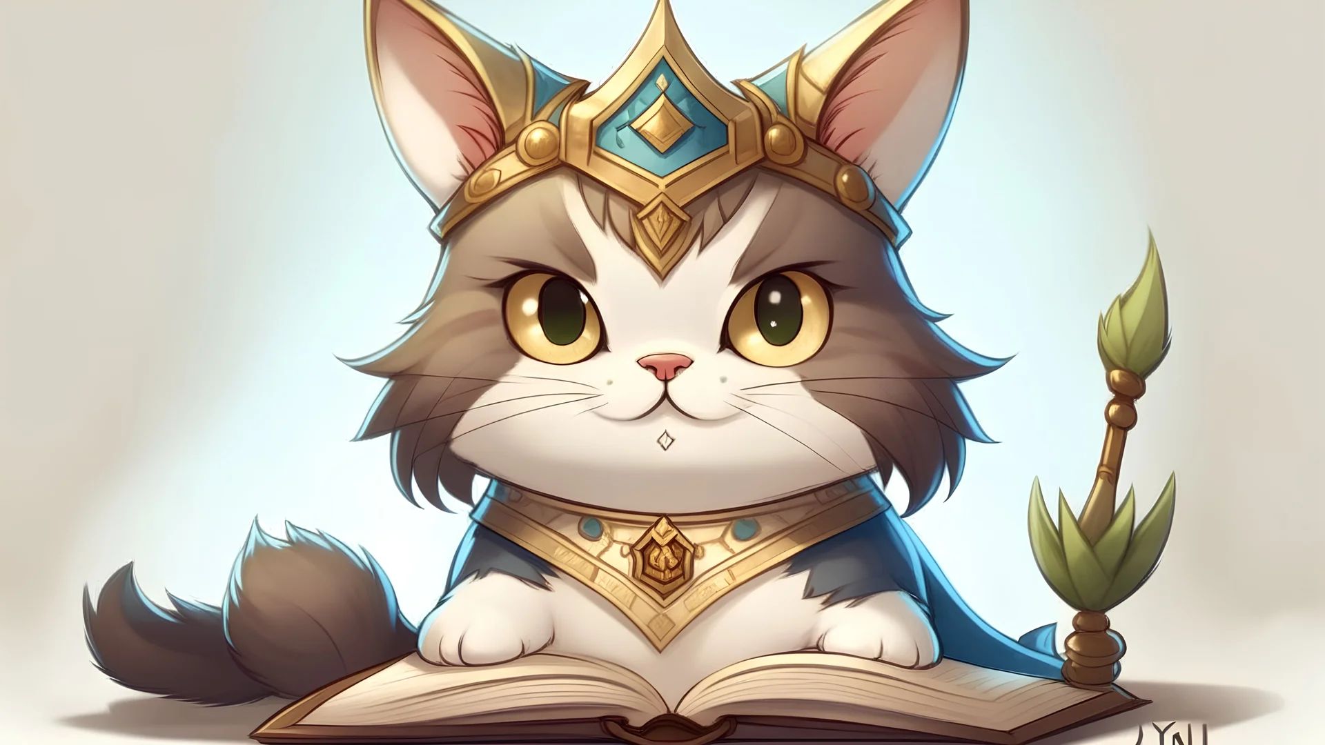 Yuumi's Cat from League of legends with a crown on the head with her Book