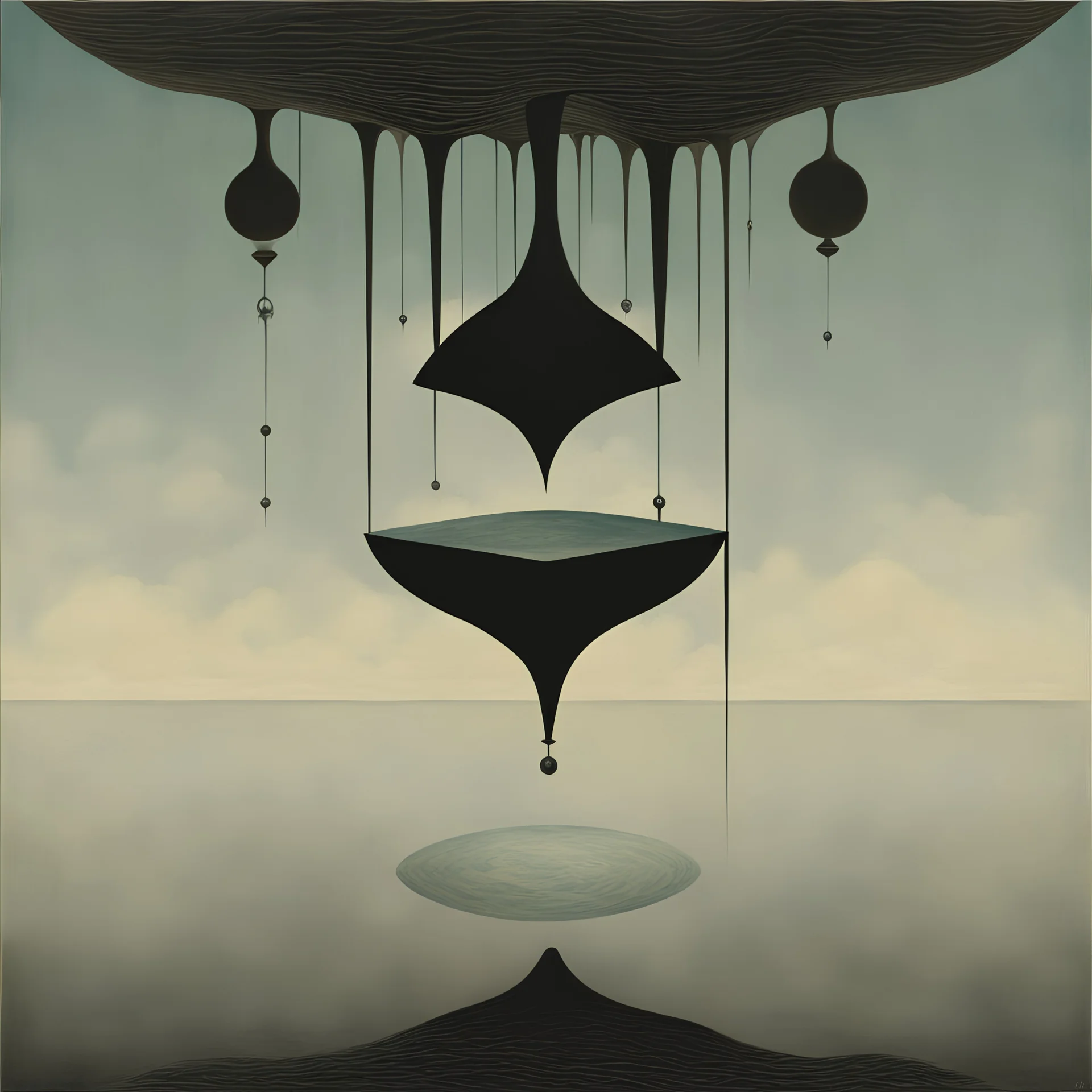 UPSIDE-DOWN world, reversed vertical, Al Jaffe and Magritte deliver a dark surreal masterpiece, muted colors, sinister, creepy, sharp focus, dark shines, upside-down, reversed vertical composition, upside-down picture