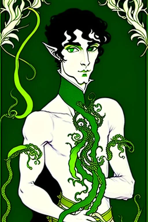 young half-Elf nobleman with green thumbs and 2 vine-like tentacles with black hair and green eyes and green thumbs with claws in the style of Aubrey Beardsley