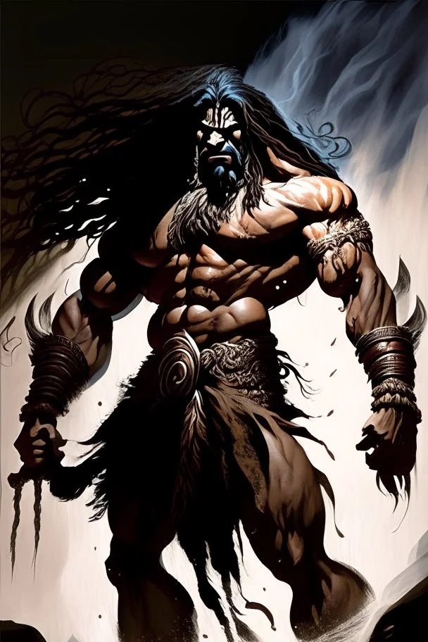 A towering and formidable figure emerged from Indian mythology displaying breathtaking bulges of rippling muscle his long flowing locks cascading like dark waterfalls down his broad back his fierce and menacing visage portraying a seething anger that seemed to smolder like embers within his soul wielding with effortless power a mighty and deadly axe his weapon of choice for rending enemies limb from limb, Fantasy art, Digital painting, Highly detailed, Sharp focus, Intricate, Dark lighting, Tren