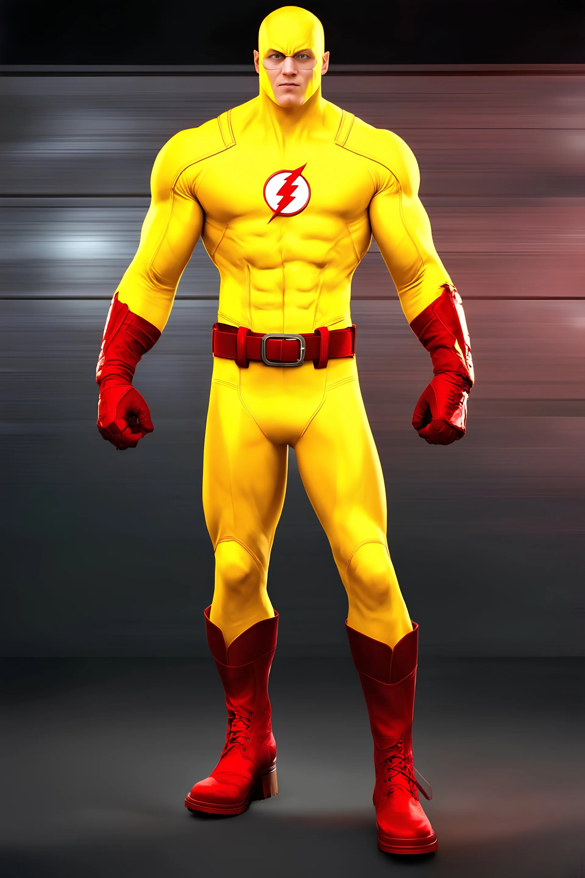 the Reverse Flash with yellow Flash suit, red boots, red belt, red wrist gauntlets, reversed red and black chest logo, extremely exaggerated muscular stature, posing for the cameras, Professional Quality 35mm Photograph, 4k UHD, hyper-realistic, Photorealistic, extremely detailed, High resolution