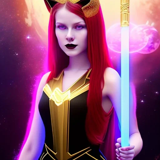 Attractive young teenage girl with golden fire red hair wearing a galactic tiara, who is dressed like a witch casting a spell holding a quarterstaff, she has cat ears and open dazzling blue eyes, background is realistic space with a moon, the girl is on a planet, black goth girl dress, full body portrait, arm colors gradient effect into stars, rendered, unity 3d, unreal engine, dslr, hdr, 4k, edited, photorealistic, normal number of appendages, freckles, artists render