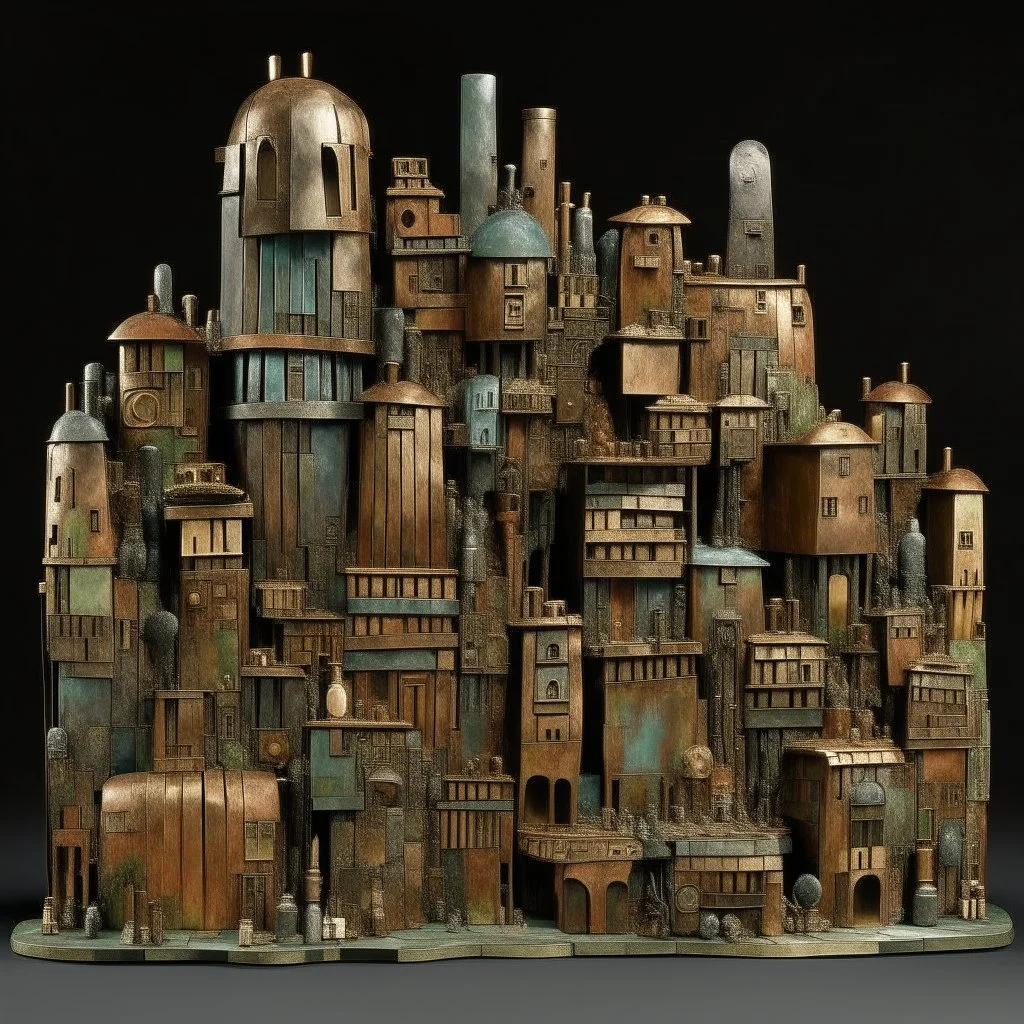 A grayish copper brown city with jazzy instrument shaped buildings designed in Moai statues painted by Gustav Klimt