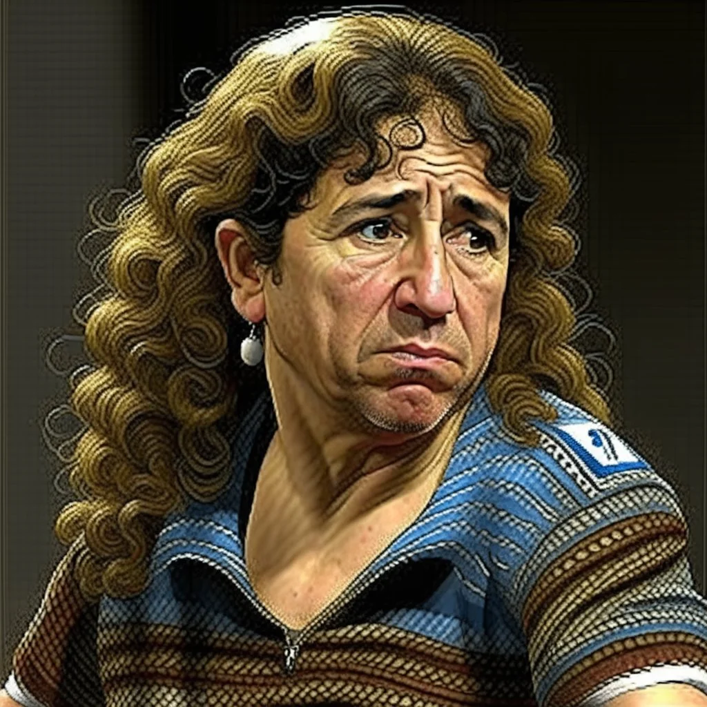 Create a highly realistic 3D scene. An imaginatively detailed rendering of Maradona transforming her into a woman with the same specifications as the attached image. The method of transforming the painting in full detail. A comedic and funny touch. Ultra wide angle. Extremely realistic fine details. Highly realistic detailed display. Great full presentation and amazing drawing style. Transfer the full detailed drawing of the image at a wide and precise angle. Inspiring professional fine d