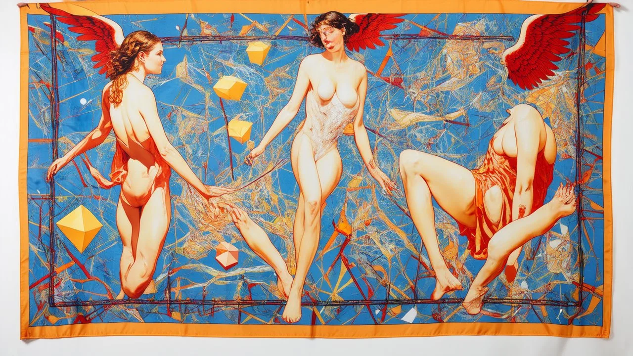 Emotional Grotesque fresco, Heaven focused collage of platonic-solids and geometry, slate-blue red orange yellow, by james jean and edward hopper, mockup for hermes scarf, multiple looks and layout, typography, square silk scarves, lookbook for hermes branding, surreal angelic Eritrean painted-female beings phi limbs, hollow anatomy, (brown emo American urban ethnicity), exploded Bauhaus colorfield scene, fine pencil rendering of ladies body curves, [purple], graffiti influence modern deco lines