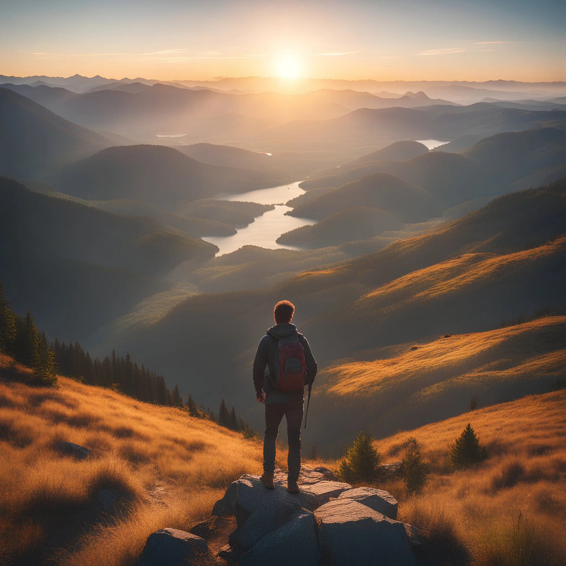 A lone hiker stands atop a majestic mountain, gazing out at a breathtaking view of rolling hills, sparkling lakes, and distant forests. The sun is setting, casting a warm glow over the landscape and the hiker's face.