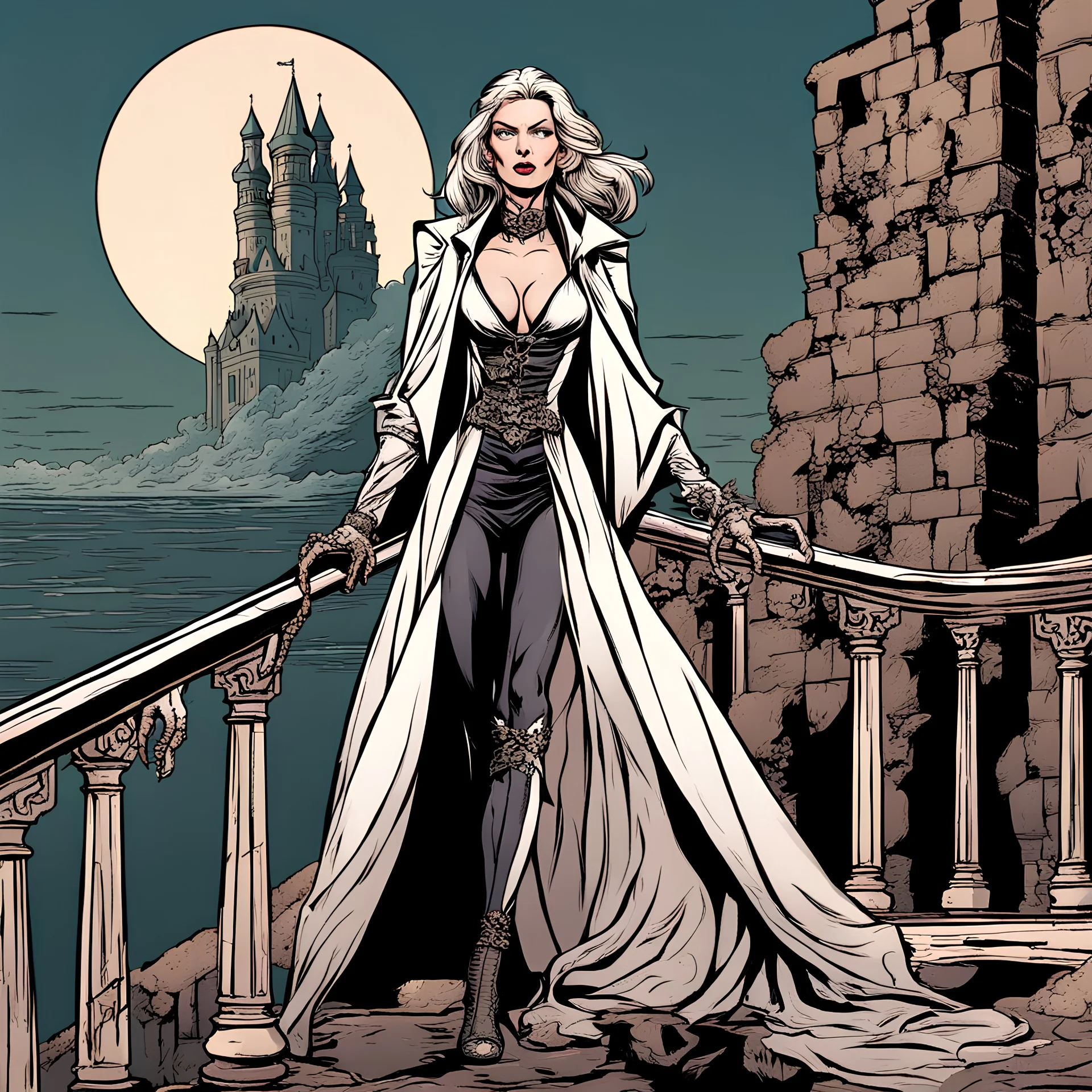 Russian transwoman warlock in an expensive men's suit, with a beautiful cane. She looks forward proudly. She is on the balcony of a ruined castle and is surrounded by a wave of demons. Modern comic style