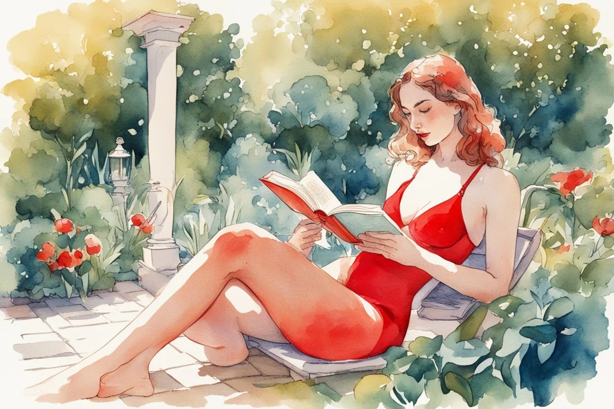 woman in red swimsuit reading a book in a beautiful garden in sunshine style Vittorio Giardino, stylized pen drawing and watercolor