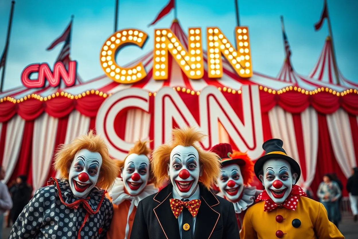 a group of clowns in front of the circus with a CNN logo