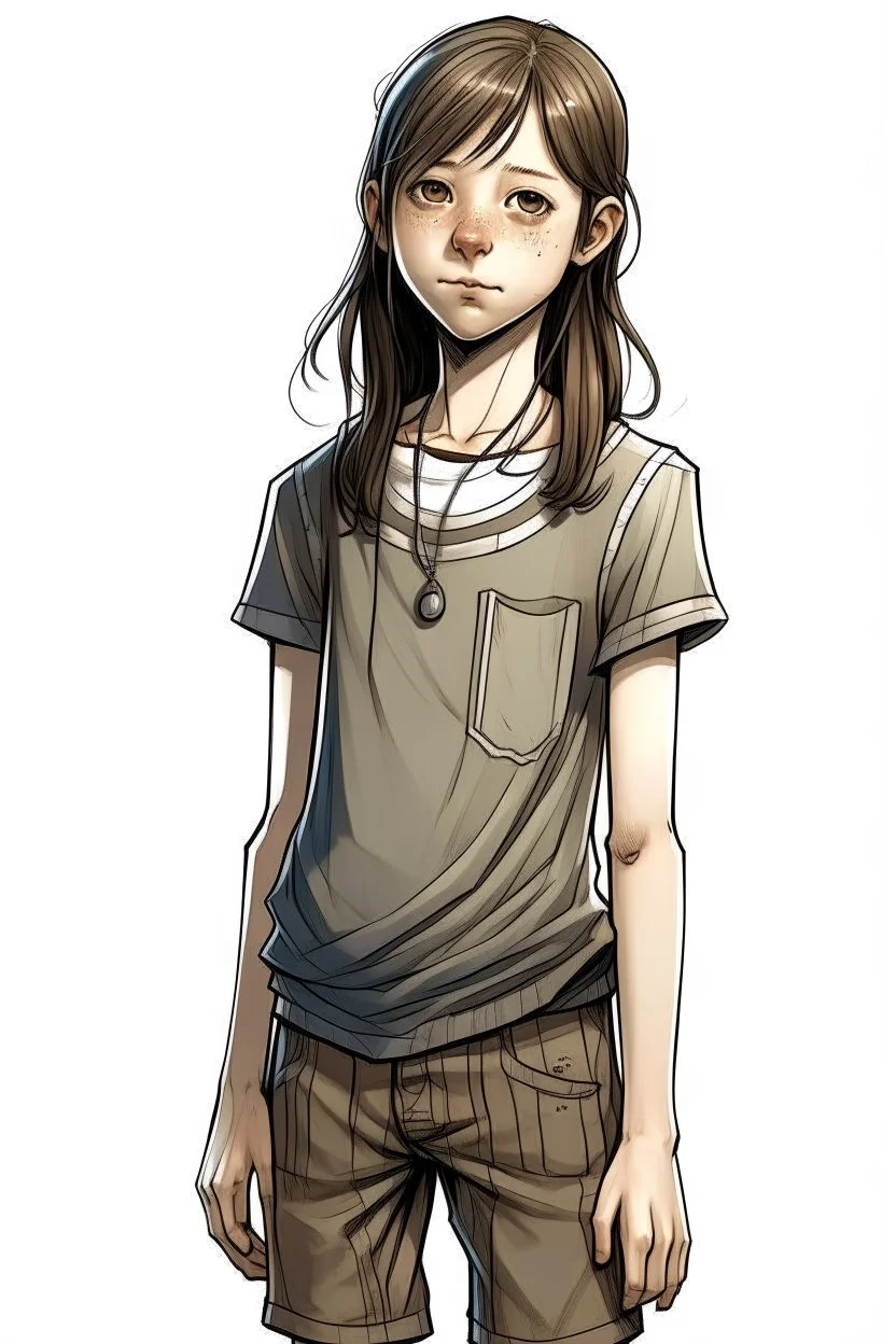 tom-boy girl of 13 years, realistic style, very thin body, long arm, salopette dress, total body