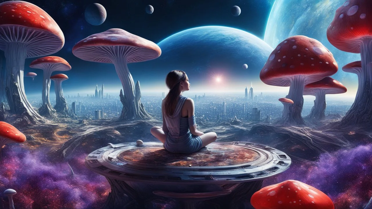 beautiful women sitting withoutt bro, on blue, red, purple mushroom in space, city of the future at the back ground planets above, space ships, hyper realistic.