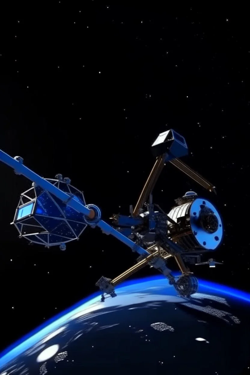 In a sci-fi starry sky background, a slender space flexible robotic arm is located on the satellite in the frame.