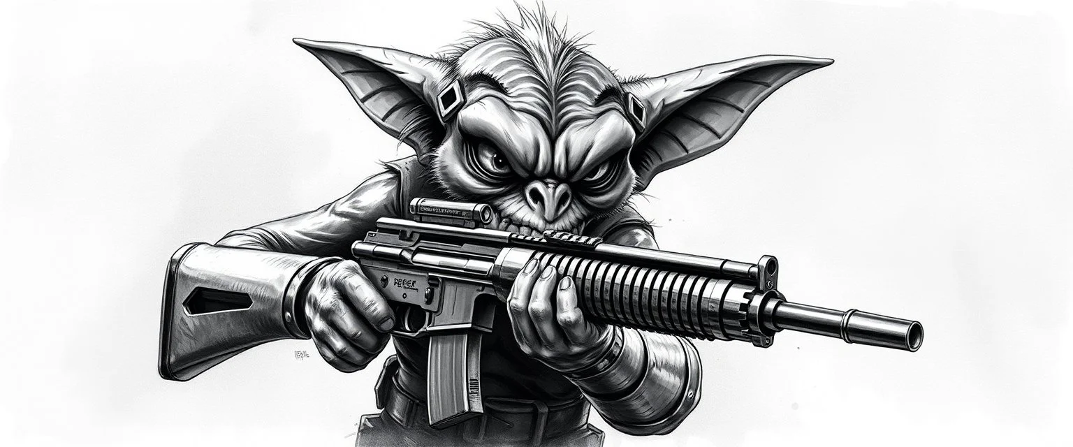 airbrush 3d with pen outline, mongrel goblin gremlin holding uzi, charcoal border