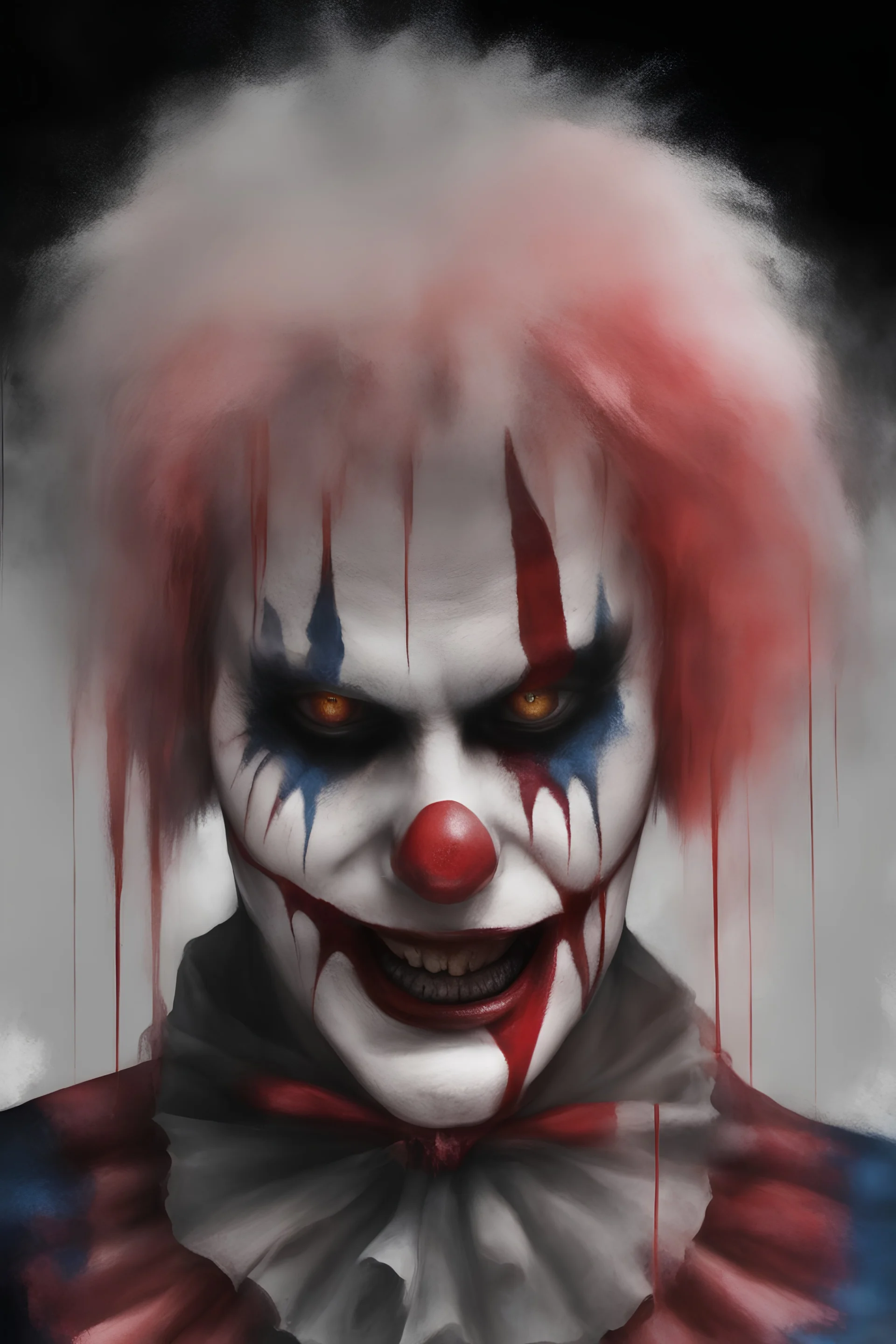 Freaky sad Clowncore, distressed, scary evil face, (((surreal))) vicious, unhappy look, diffused ultra-gothic inkcore