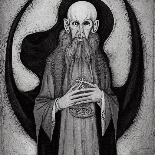 Nosferatu with four yellow eyes with fleshy tentacle beard grey skin and vampire fangs as a Russian Orthodox bishop