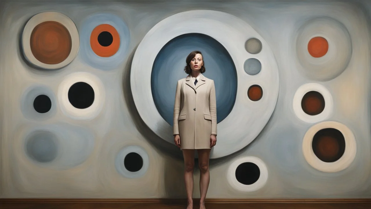 Woman in front of a wall with several circular holes of different sizes, painting by René Magritte, surrealism by Francis Bacon, Greg Rutkowski and Mark Rothko. Painting by Lucian Freud. photorealistic with a palette of a mixed media, very brutal, surreal, symmetrical