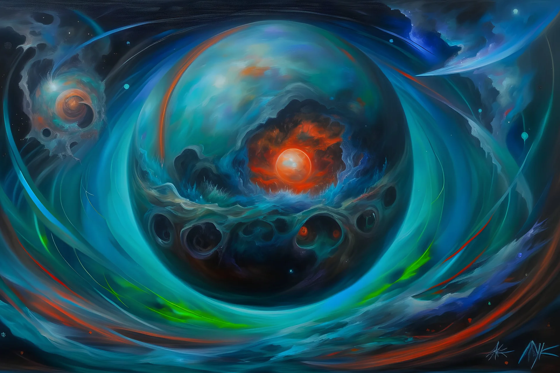 epic oilpainting of florecent immovable object colides with an unstopable force traveling in multiverse