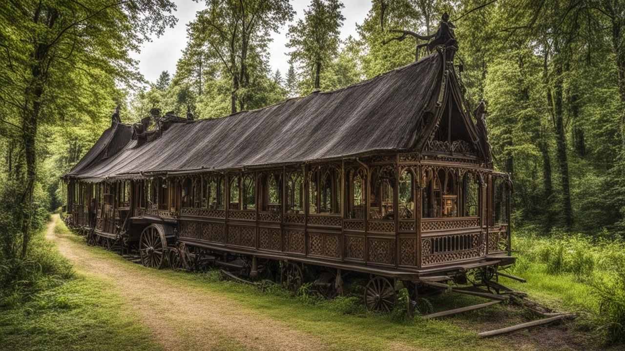 group of Large Gothic Two-story, wooden gipsy caravan on a pathway in a woodland clearing