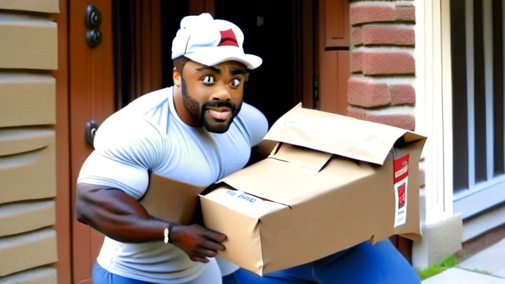 suspiciously looking Tyrone sneaking away holding very small package from apartment mailboxes