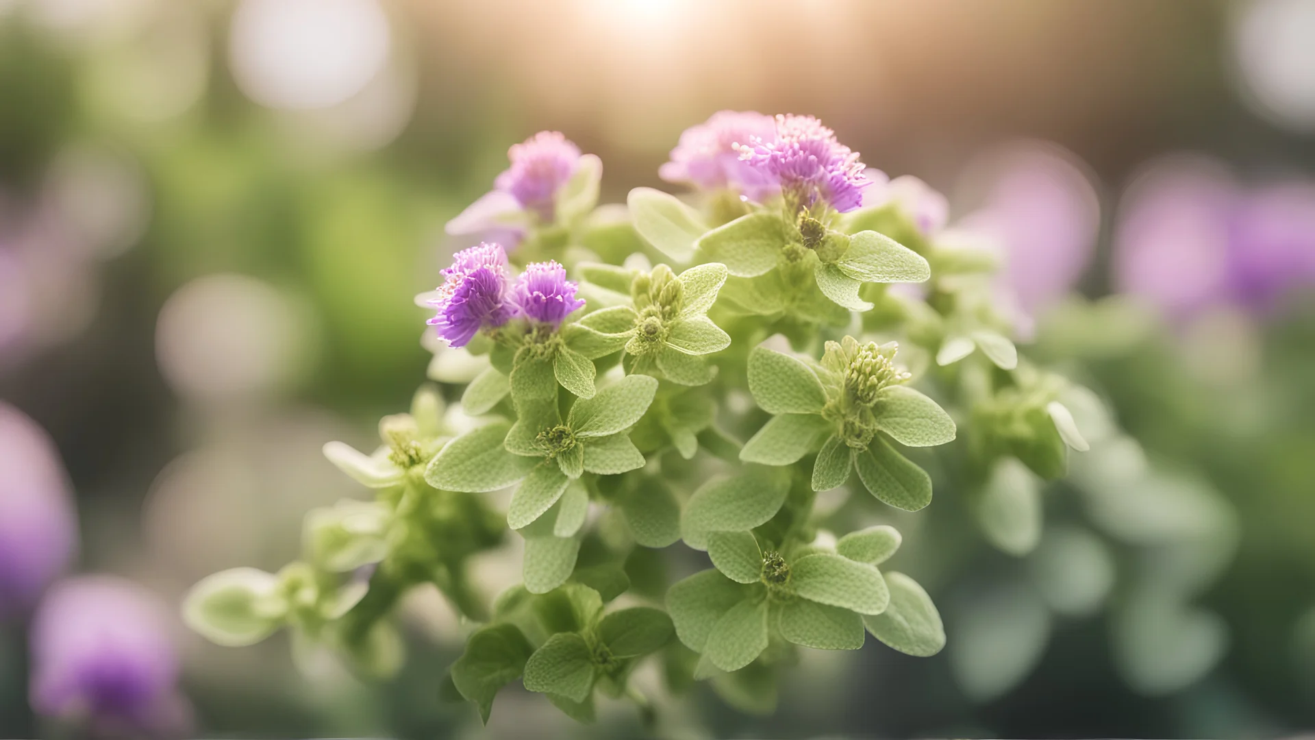 close up of oregano plant with flowers, sunlight, blurred background